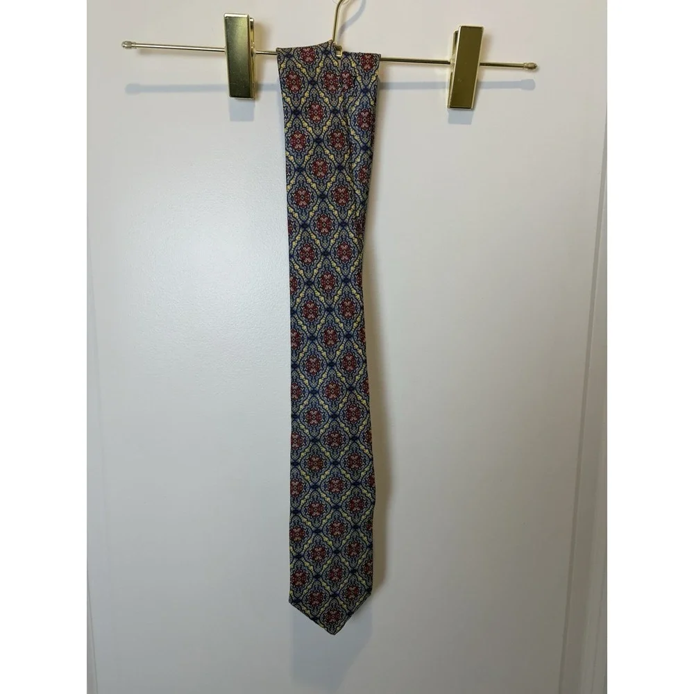 Vintage Damon Mens Tie Gold Red Blue Geometric Neck Tie, Silk